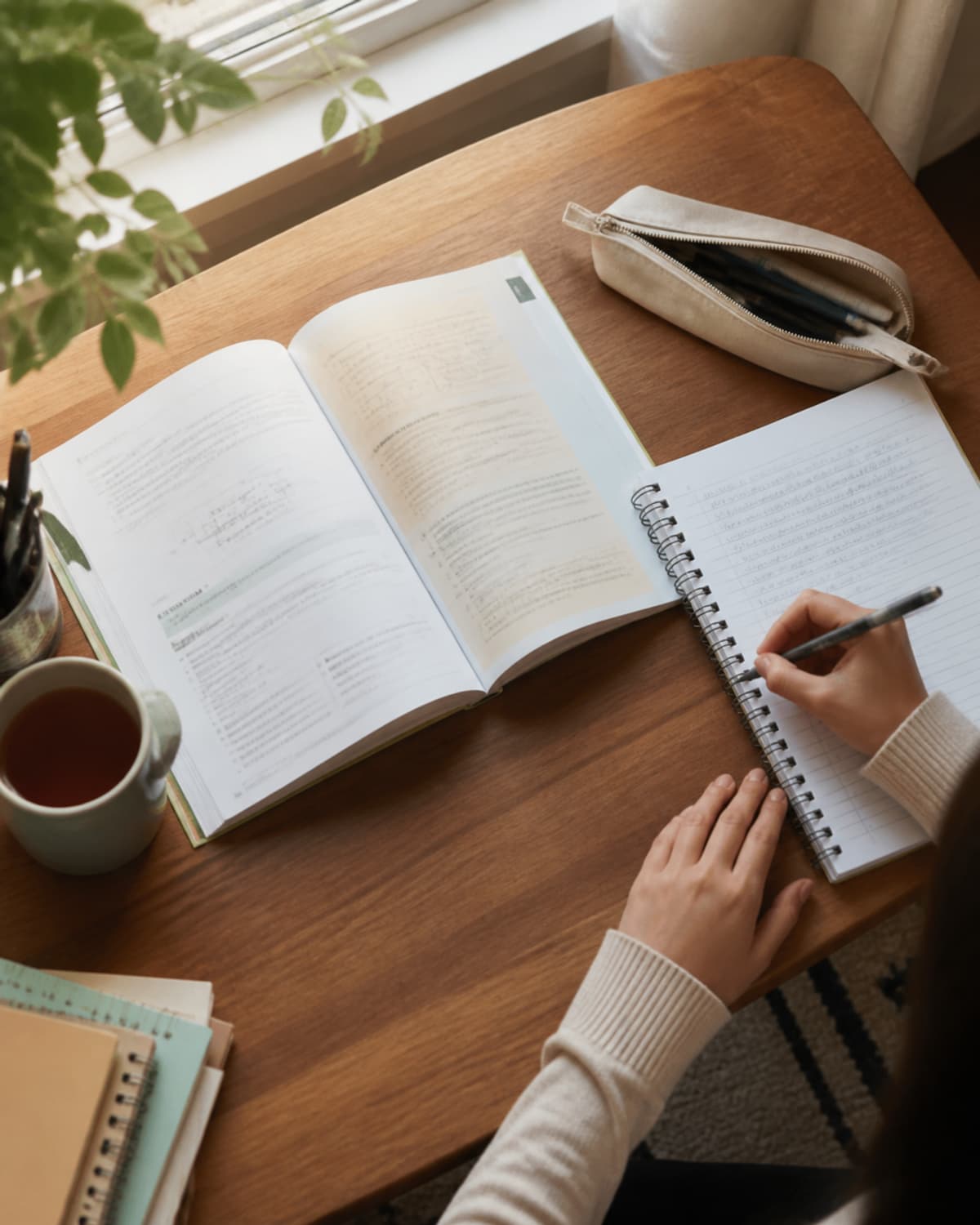 A quiet home study desk with a maths textbook and notebook